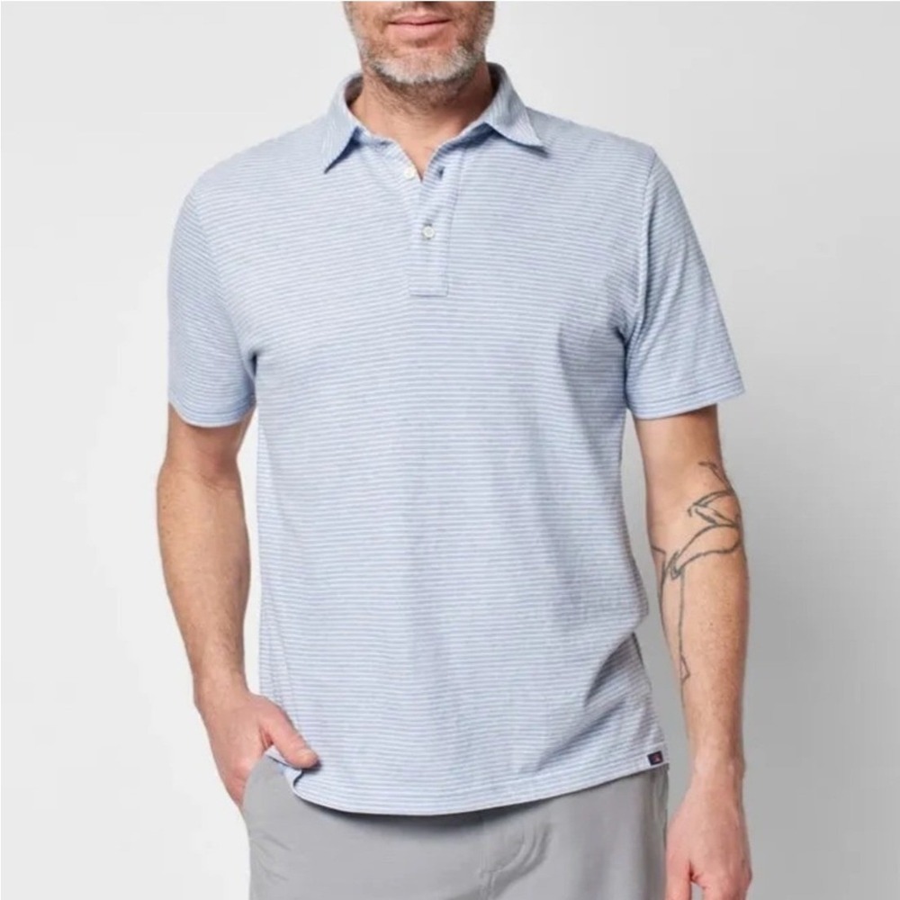 Fahert Cloud Cotton Short Sleeve Polo Blue White Stripe Size Large